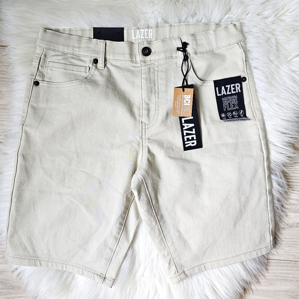 LAZER Flex Slim Comfy Short Khaki Beige Jeans Stretch Slim Fit Youth Size 16